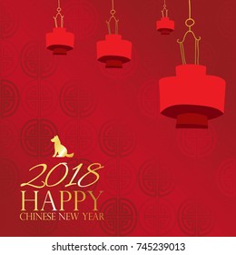Gold red Chinese card with dog,puppy and lantern.Chinese wording translation:Happy new year 2018