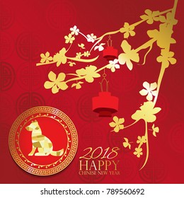 Gold red Chinese card with dog,puppy,flower and lantern.Chinese wording translation:Happy new year 2018