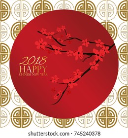 Gold red Chinese card with flower.Chinese wording translation:Happy new year 2018
