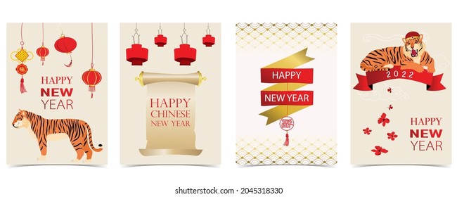 Gold red Chinese New Year card with tiger,flower,lunar.Editable vector illustration for website, invitation,postcard and sticker