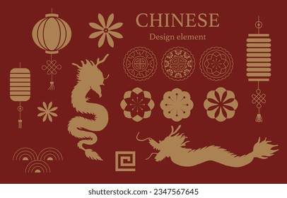 Goldenes chinesisches Neujahrselement mit Drachen, Blumen und Lattern