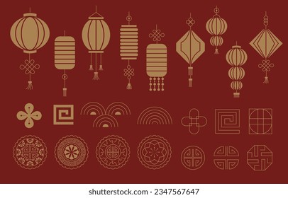 Gold red Chinese New Year element with lantern,pattern,moon cake outline