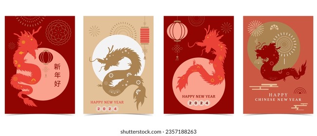 Gold red Chinese New Year banner with dragon,cloud.Translation: Happy Chinese new year