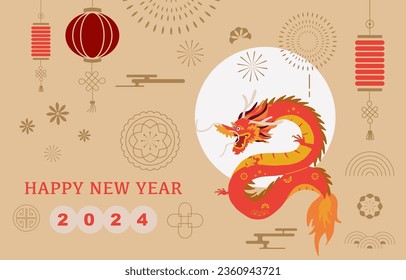 Gold red Chinese New Year banner with dragon,cloud.Translation: Happy Chinese new year