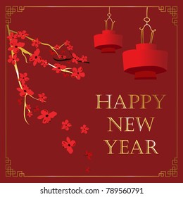 Gold red Chinese new year card with flower,and lantern