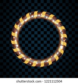 Gold and red circle isolated on transparent black background. Golden ring frame. Glitter round with bright sparkles. Bright design element for Christmas or Happy New Year border Vector illustration