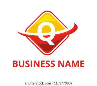 gold and red color circular square box get slice into half logo graphic design with modern clean style for technology industry company with initial type letter q on it