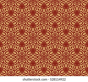 gold, red color floral on sacred geometry pattern. vector illustration. for design invitation, wallpaper, fabric. seamless ornament