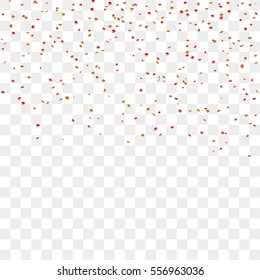 Gold red confetti celebration isolated on transparent background. Falling golden abstract decoration party, birthday celebrate, anniversary or Christmas, New Year. Festival decor. Vector illustration
