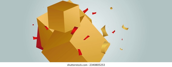 Gold and Red Confetti Falling Creative Vector Panoramic Grey Background. Orange Square Flying Geometry Wallpaper. Luxury Box Realistic Design. Geometric Block Metal Banner.