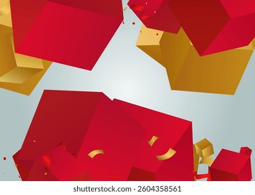 Gold and Red Confetti Falling Isolated Vector Grey Background. Yellow Shape Fly Party Design. Luxury Box Volume Illustration. Realistic Cube Gift Banner.