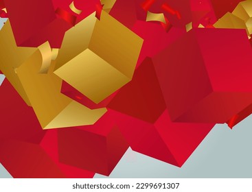 Gold and Red Confetti Fly Realistic Vector Grey Background. 3d Cube Flying Geometric Design. Luxury Block Isolated Illustration. Isometric Box Technology Wallpaper.