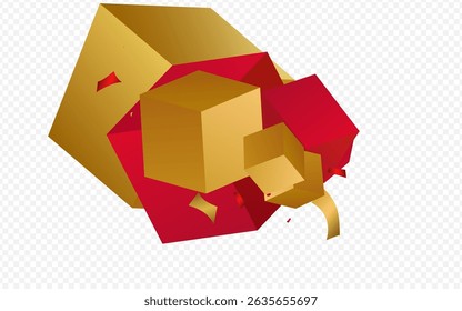 Gold and Red Element Flying Volume Vector Transparent Background. Yellow Cube Falling Glitter Wallpaper. Golden Confetti Party Banner. Technology Box Geometric Illustration.