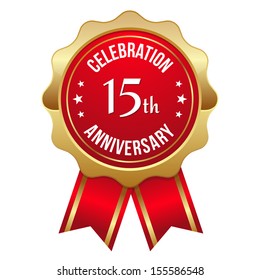 Gold red fifteen year anniversary badge with ribbon