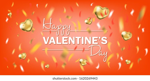 Gold and Red Foil Heart Shape Balloons and Happy Valentines Day Lettering on a red background with confetti