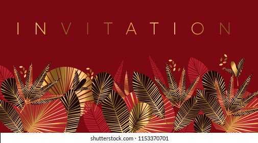 Gold and red geometric tropical pattern or card, invitation, header. Golden romantic simple flowers motif. Bright rich design element inspired by Chinese fabric.