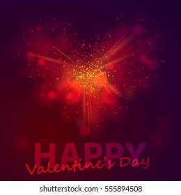 Gold and red heart from dust, firework explosion, burst. Abstract Holiday Light Rays. Vector Illustration. Lettering Happy Valentines day.