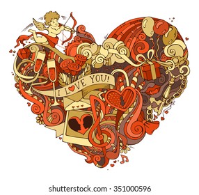 Gold and red heart illustration. Vector hand-drawn doodles poster template. Cupid, ring, roses, sun, clouds and rainbow, swirls and ribbons, balloons and others symbols. 