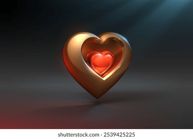 Gold and red heart shapes with light effect