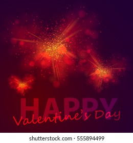 Gold and red hearts from dust, firework explosion, burst. Abstract Holiday Light Rays. Vector Illustration. Lettering Happy Valentines day.