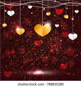  gold and red hearts  on red background with light on the floor for  message and Product Design,Valentine's day,Vector illustration