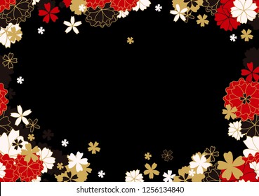 Gold, Red Horizontal Sakura Frame or Vector Banner. Paper Cutting or Laser Cut Black Background with Sakura Flowers and Stars. Vector Japanese or Chinese illustration