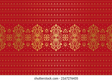 Gold and red Indian seamless pattern with luxury floral ornament. Traditional Arabic, Turkish motifs. Great for fabric and textile, wallpaper, packaging or any desired idea.