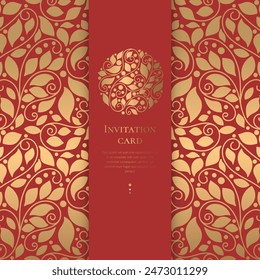 Gold and red invitation card design with vector mandala pattern. Vintage ornament template. Can be used for background and wallpaper. Elegant and classic vector elements great for decoration.