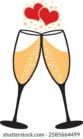 Gold and red Love Champagne toast. Vector hand drawn illustration icon for celebration. Valentines day icon.