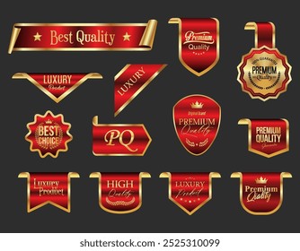 Ilustración de cinta de certificado de calidad premium de insignias y etiquetas de lujo doradas y rojas 