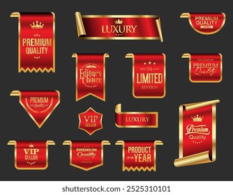 Gold and red luxury badges and labels premium quality certificate ribbon illustration 