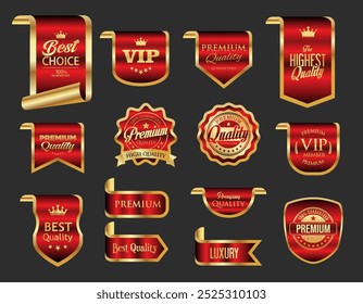 Gold and red luxury badges and labels premium quality certificate ribbon illustration 