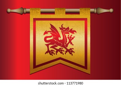 Gold and red medieval banner flag with cloth texture and symbol of a dragon