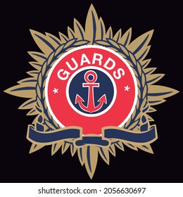 Gold and red nautical badge with anchor.