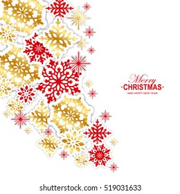 Gold and red paper snowflakes Christmas background. Vector illustration.