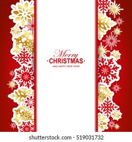Gold and red paper snowflakes Christmas banner. Vector illustration.