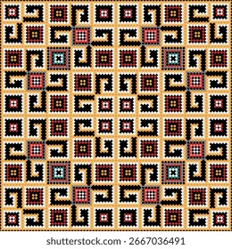 Gold and Red Pixel Ethnic Pattern. Seamless digital art with geometric tribal and Greek key motifs. Ideal for bold textiles and decor.