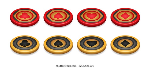 Gold And Red Poker Chip Set, With Symbols Diamonds, Sticks, Hearts, Spades, Game Design Elements, 3d Chip Vector Illustration For Casino