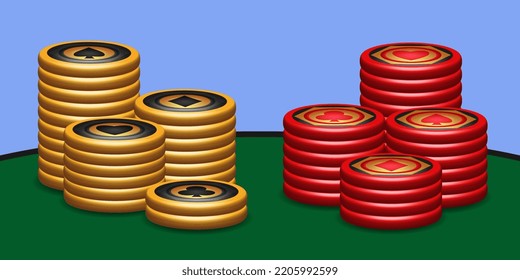 Gold and red poker chip set, with symbols Diamonds, sticks, hearts, spades, game design elements, 3d vector illustration, stack of chips for casino