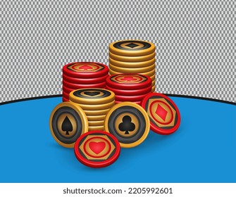 Gold and red poker chip set, with symbols Diamonds, sticks, hearts, spades, game design elements, 3d vector illustration, stack of chips for casino