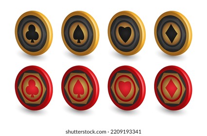 Gold and red poker chip set, with symbols Diamonds, sticks, hearts, spades, game design elements, 3d chip vector illustration for casino