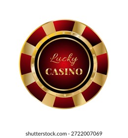 Fichas de póquer de oro y rojo con texto sobre fondo blanco. Ficha de juego con traje para el póker y el casino. VIP. Diseño para publicidad, juegos, casino, carteles. Ilustración vectorial.