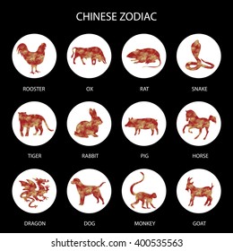 Gold and red Polygon Chinese zodiac signs icons set. Rat snake 