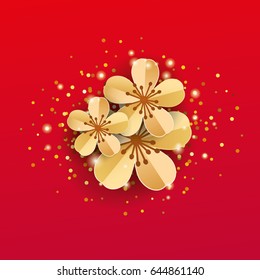 gold red sakura flowers background Apple tree. Spring flower mother day background. Paper art flowers template for banners, flyers, invitation, sale, invitation, congratulation, posters, greeting card