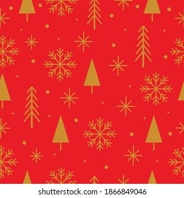 Gold and Red Seamless Christmas Tree Pattern in Vector.