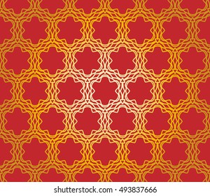 Gold and red seamless geometric line pattern in arabian style, ethnic ornament. Endless hexagonal texture for wallpaper, banners, invitation cards. Golden lace graphic background