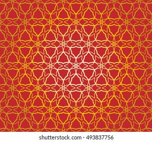 Gold and red seamless geometric line pattern in arabian style, ethnic ornament. Endless hexagonal texture for wallpaper, banners, invitation cards. Golden lace graphic background