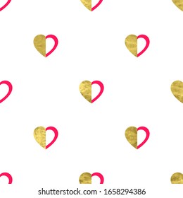 Gold and red seamless pattern with glitter foil textured confetti hearts. Abstract artistic modern background. Bright shiny illustration for fabric design, wallpaper, decorative paper, web design. 