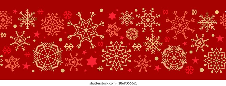 Gold and red seamless snowflake border, Christmas design for greeting card. Vector illustration, merry xmas snow flake header or banner, wallpaper or backdrop 
