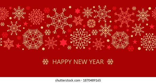 Gold and red seamless snowflake border, Christmas design for greeting card. Vector illustration, merry xmas snow flake header or banner, wallpaper or backdrop decor 
